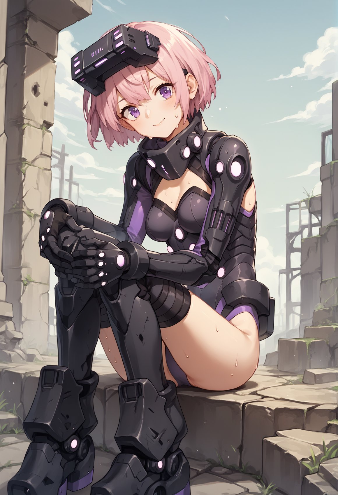 1girl, short hair, pink hair, purple eyes, leotard, Clothing Cutout, high collar, power suit, mechanical gloves, Mechanical Boots, Head-Mounted Display on head, outdoors, ruins, post-apocalypse, sitting, sweat, looking at viewer, smile <lora:Mashu:0.8>, score_9, score_8_up, score_7_up, score_6_up, score_5_up, score_4_up, BREAK source_anime, masterpiece