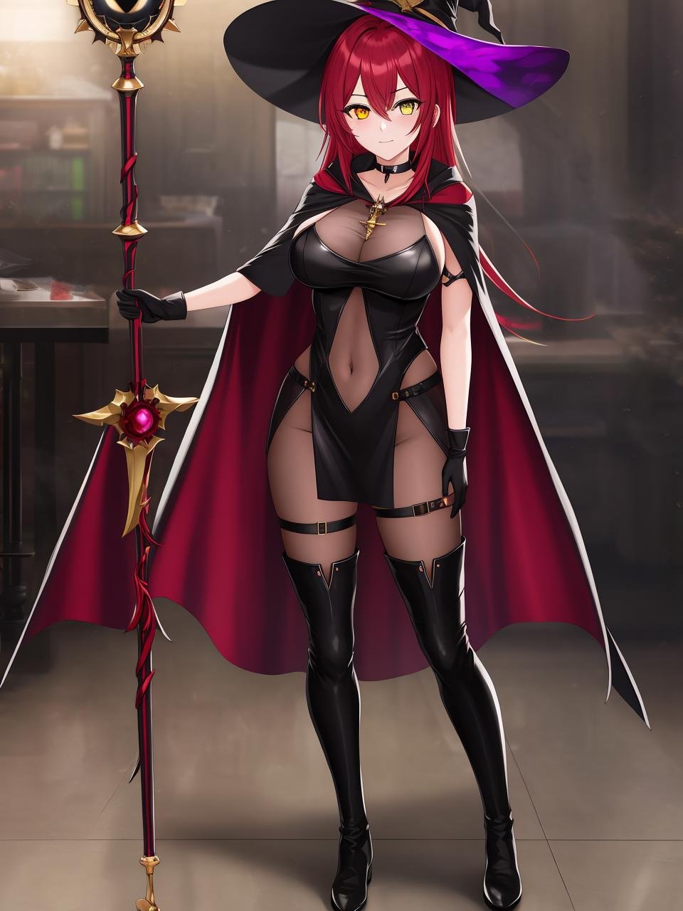 1girl, solo, long_hair, looking_at_viewer, bangs, large_breasts, red_eyes, thighhighs, gloves, indoor, hair_between_eyes, very_long_hair, closed_mouth, standing, full_body, yellow_eyes, weapon, pantyhose, red_hair, boots, choker, elbow_gloves, cape, black_footwear, black_dress, see-through, black_headwear, bodysuit, covered_navel, tattoo, thigh_strap, witch_hat, heterochromia, thigh_boots, staff, single_thighhigh, asymmetrical_legwear, rock, holding_staff, black_cape, witch, asymmetrical_clothes, crack