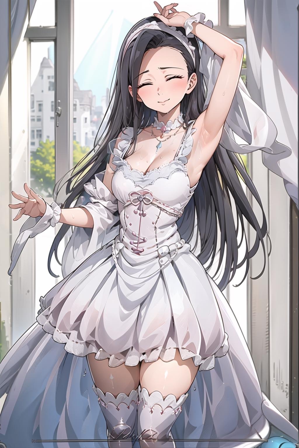 (masterpiece, best quality,ultra detailed),Guila,sweat,1girl,long hair,slim,cute,shinny skin,single bangs,bangs),(headband,big breasts,upper body,thigh,closed eyes,(day,indoors,rays),(standing),<lora:Guila:0.2> 