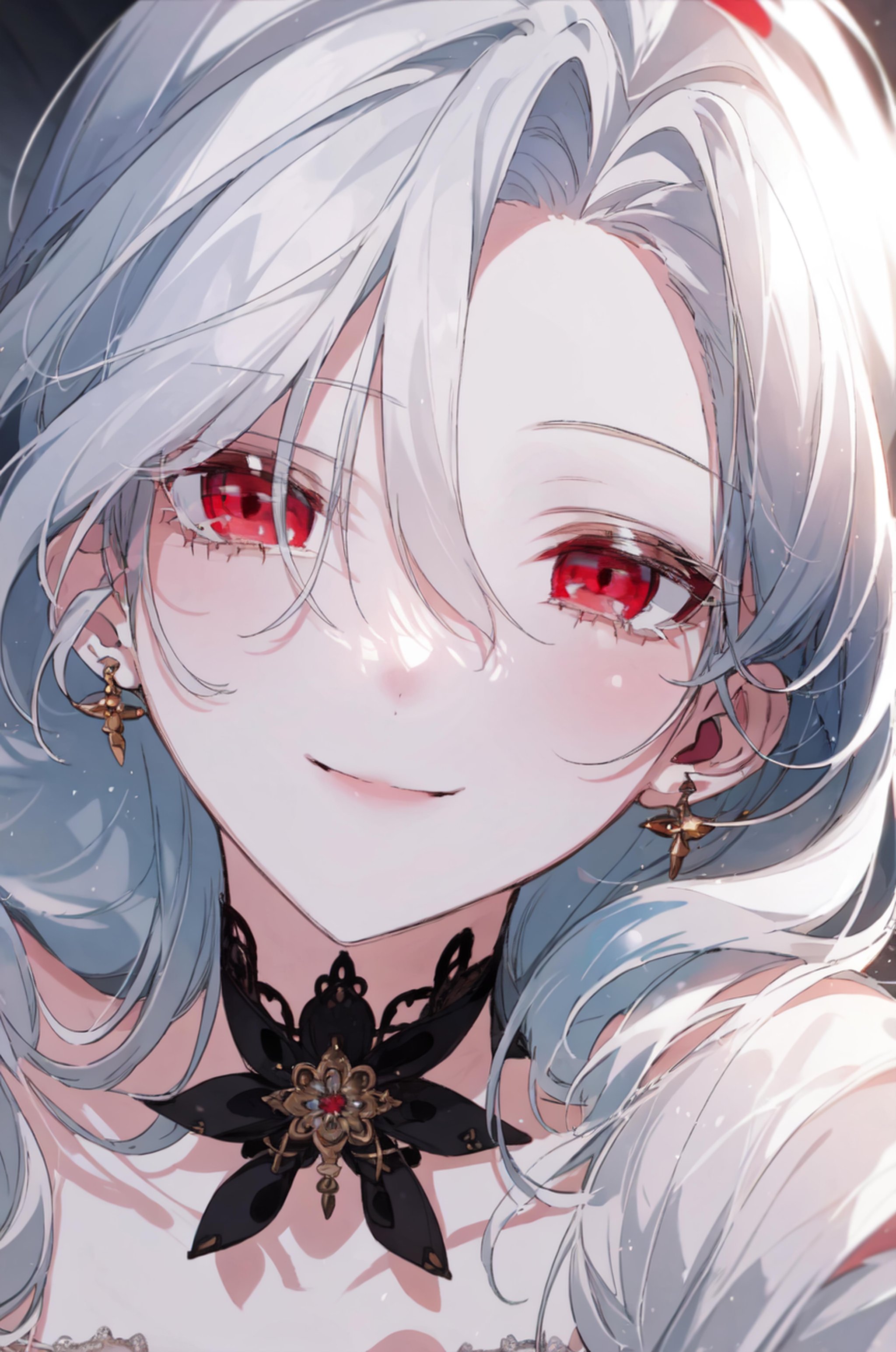 masterpiece, (best quality), 1girl , white hair, Raviel, red eyes, <lora:RavielIvansia:0.7>, close up, smile