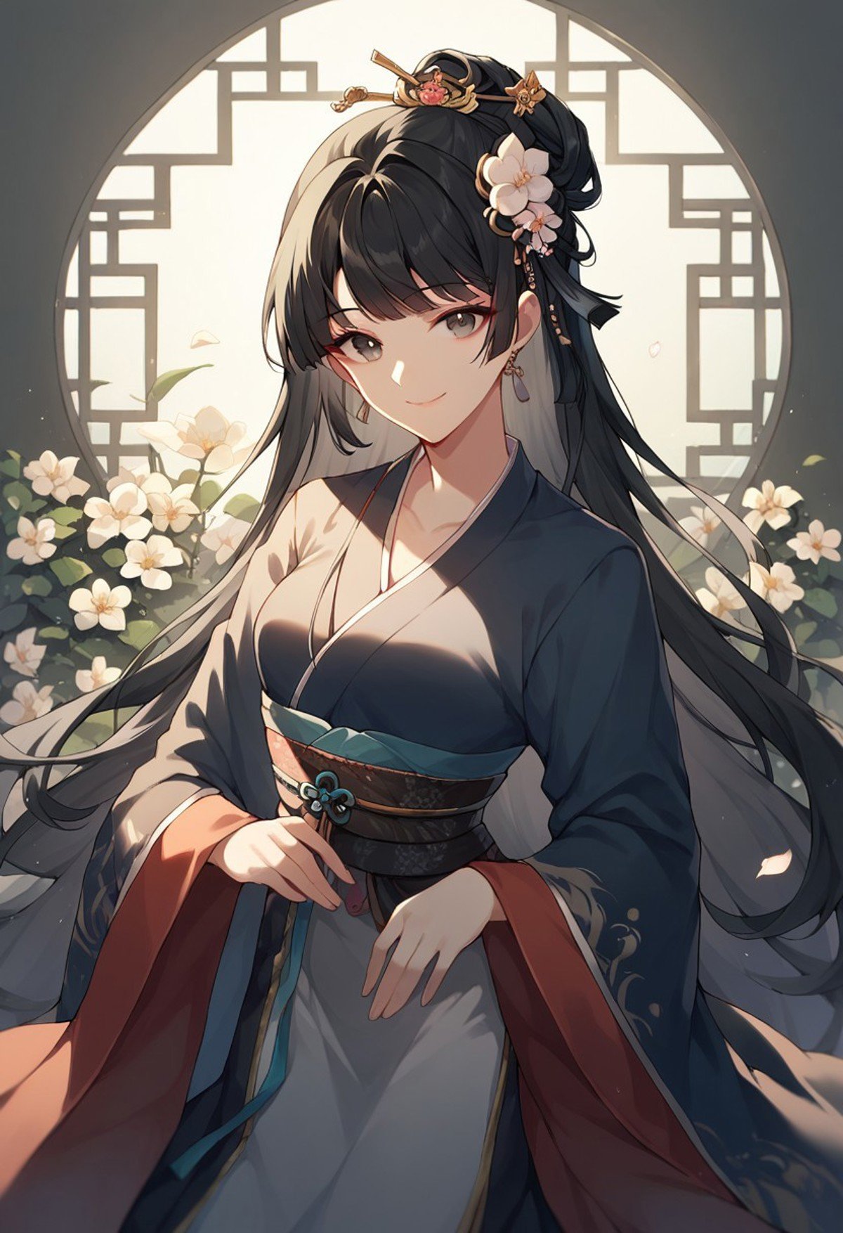 score_9, score_8_up, score_7_up, hanfu, 1girl, solo, hair ornament, long hair, looking at viewer, dress, flower, smile, black hair, closed mouth