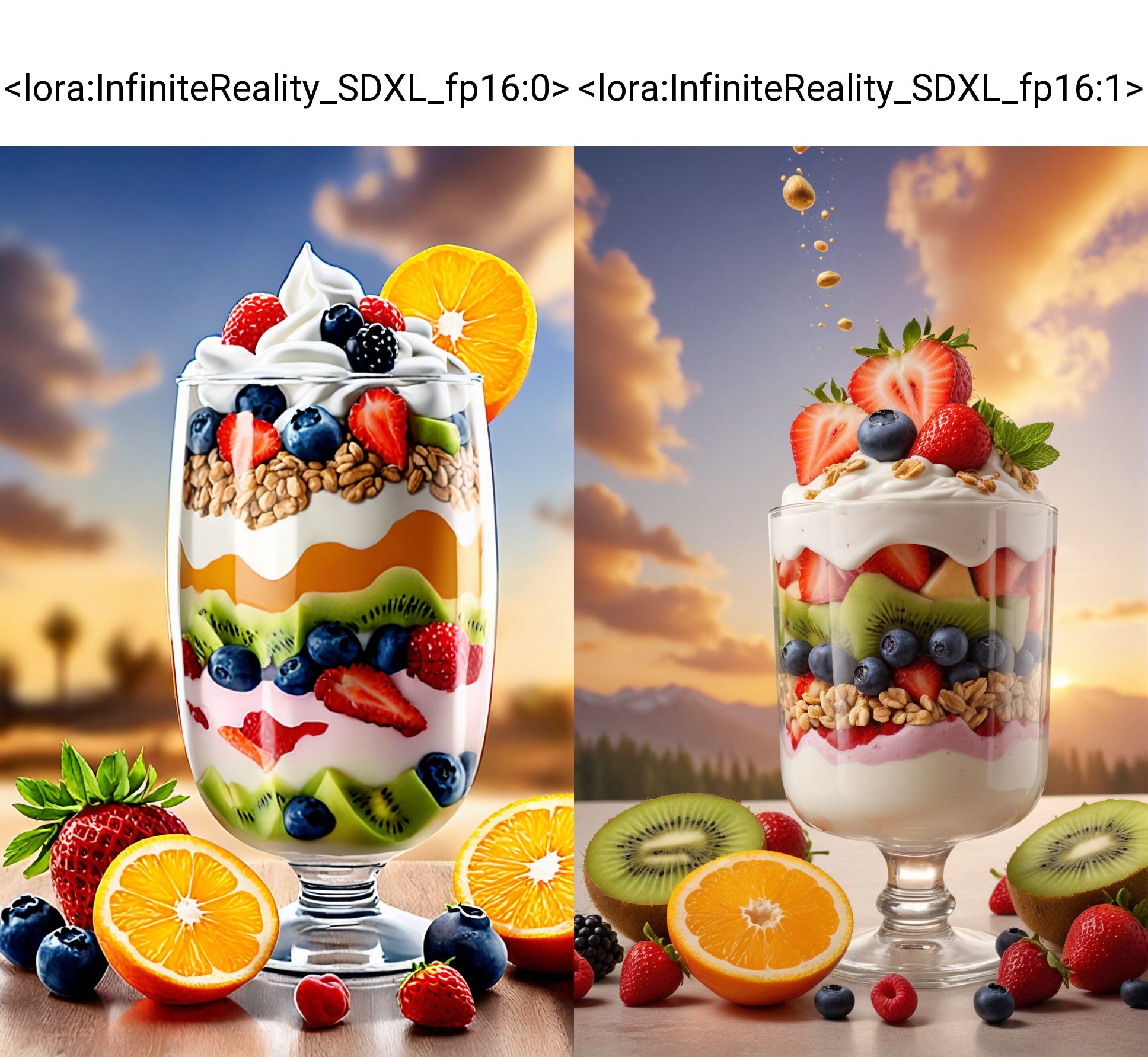 breathtaking 8k, extremely detailed ,,masterpiece,Fresh fruit parfait scene with elements floating in the air, against a sunrise orange background, high resolution, high detail, hyper realistic style, showcasing layers of yogurt. granola, honey drizzle, and a variety of fresh fruits like strawberries, blueberries, and kiwi slices.  <lora:InfiniteReality_SDXL_fp16:0> . award-winning, professional, highly detailed