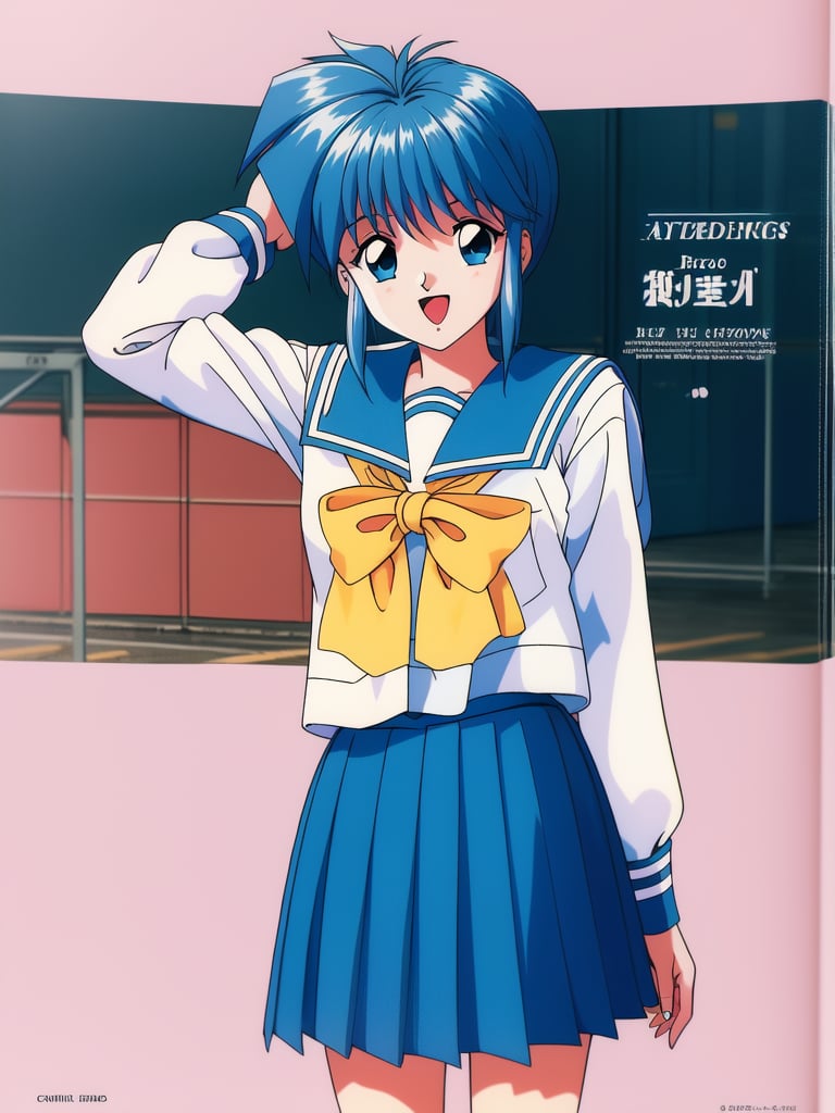 <lora:Nijino_Saki:0.8>NijinoSaki, 1girl, solo, school uniform, 1990s (style), skirt, retro artstyle, character name, serafuku, long sleeves,  blue skirt, pleated skirt, open mouth, yellow bow, bow, looking at viewer, smile, sailor collar, standing, arm behind back, arm up, school in the room,on, large_filesize, full color, 