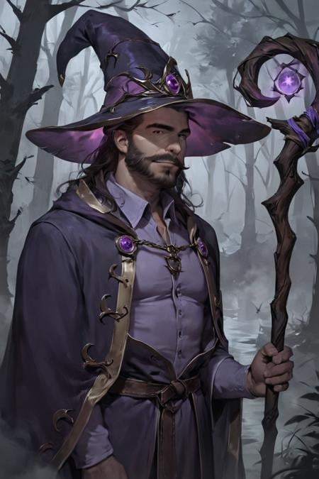 score_9, score_8_up, score_7_up, rating_safe, concept art, realistic, 1boy, solo, male focus, mature male, wizard, long hair, brown hair, black eyes, looking at viewer, hat, facial hair, beard, mustache, staff, wizard hat, purple hat, shirt, collared shirt, robe, purple robe, cloak, holding, holding staff, upper body, standong, outdoors, forest, nature, tree, fog, dark background <lora:Concept Art Eclipse Style LoRA_Pony XL v6:1>