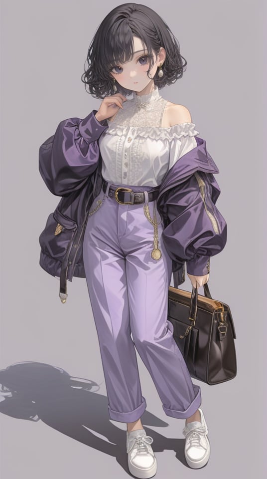 (best quality), ((masterpiece)), (highres), illustration, original, extremely detailed,  <lora:幻想华服萝莉:0.6>1girl, solo, off shoulder, shadow, black hair, shoes, white background, pants, full body, bag, jewelry, belt, holding bag, simple background, earrings, jacket, holding, short hair, standing, white footwear, hand in pocket, shirt, purple pants, bare shoulders, long sleeves, purple jacket, puffy sleeves, shirt tucked in, black eyes, puffy long sleeves, looking at viewer