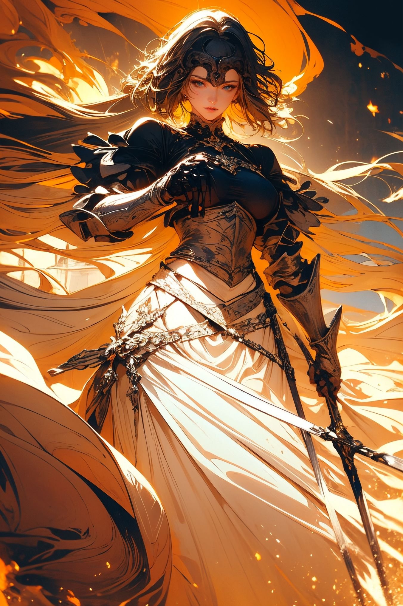 a stunning art,abstract,flowery,predominantly white,dynamic pose,centered,key visual,intricate,highly detailed,breathtaking beauty,precise lineart,vibrant,comprehensive,cinematic,xuer Jeanne D Arc,<lora:绪儿-黑贞德 xuer Jeanne D Arc:0.8>,