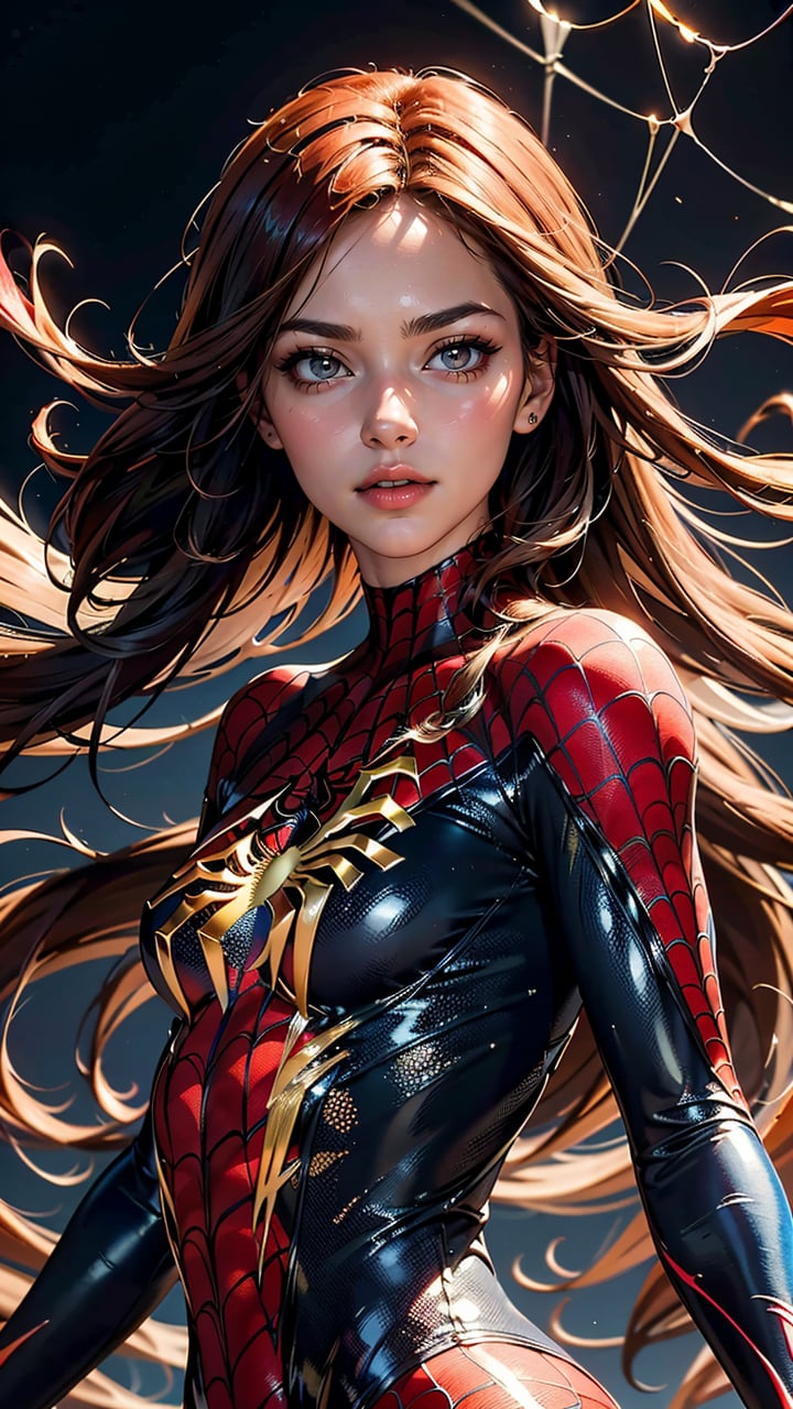 (best quality, masterpiece, colorful, dynamic angle, highest detailed) upper body shot, fashion photography of cute, intense long red hair, Mary Jane in spiderman suit, (ultrahigh resolution textures), in dynamic pose, bokeh, glowing web, light passing through hair, (abstract background:1.3), (official art)