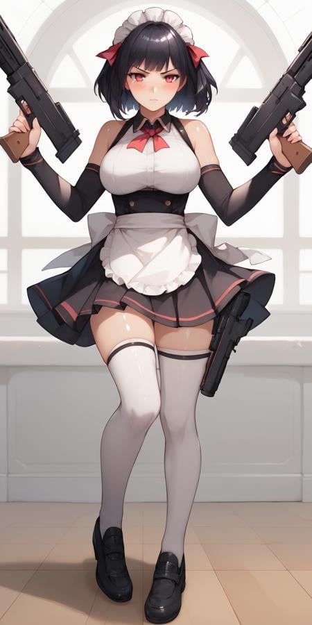 score_9, score_8_up, score_7_up, 1girl, mature female, shiny skin, <lora:Expressive_H:0.8>,<lora:Erica:0.8>,erica, apron, assault rifle, bangs, bare shoulders, beam rifle, black hair, black skirt,blush, breasts, detached sleeves, dual wielding, energy gun, finger on trigger, frilled apron, gun, holding, holding gun, holding weapon, looking at viewer, maid, maid apron, maid headdress, large breasts, pleated skirt, rifle, short hair, skirt, sleeveless, solo, thigh holster, thighhighs, waist apron, walther, weapon, white apron, white legwear, red eyes, black footwear