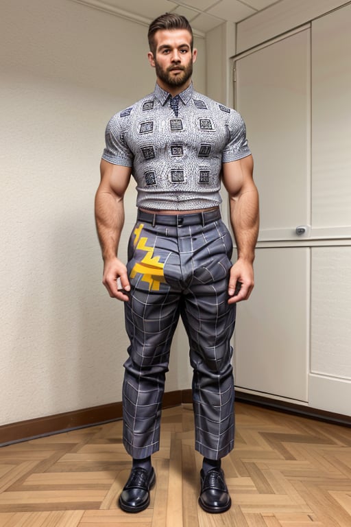 nsfw, photo of a muscular european man wearing a Geometric print shirt, tapered slacks, oxford shoes