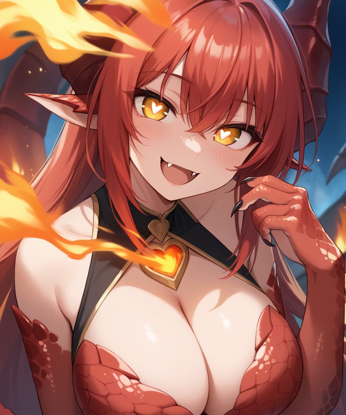 1girl, score_9, red scales, gold eyes, red hair, dragon girl, fang, heart-shaped pupils, fire, upper body, close-up, cleavage, 