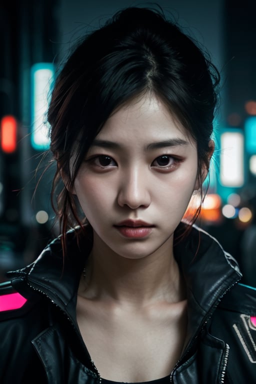 masterpiece, best quality, korean girl, kpop, wearing cyberpunk jacket, photorealistic, upperbody, low lighting, big city, RAW PHOTOGRAPHY, attractive face