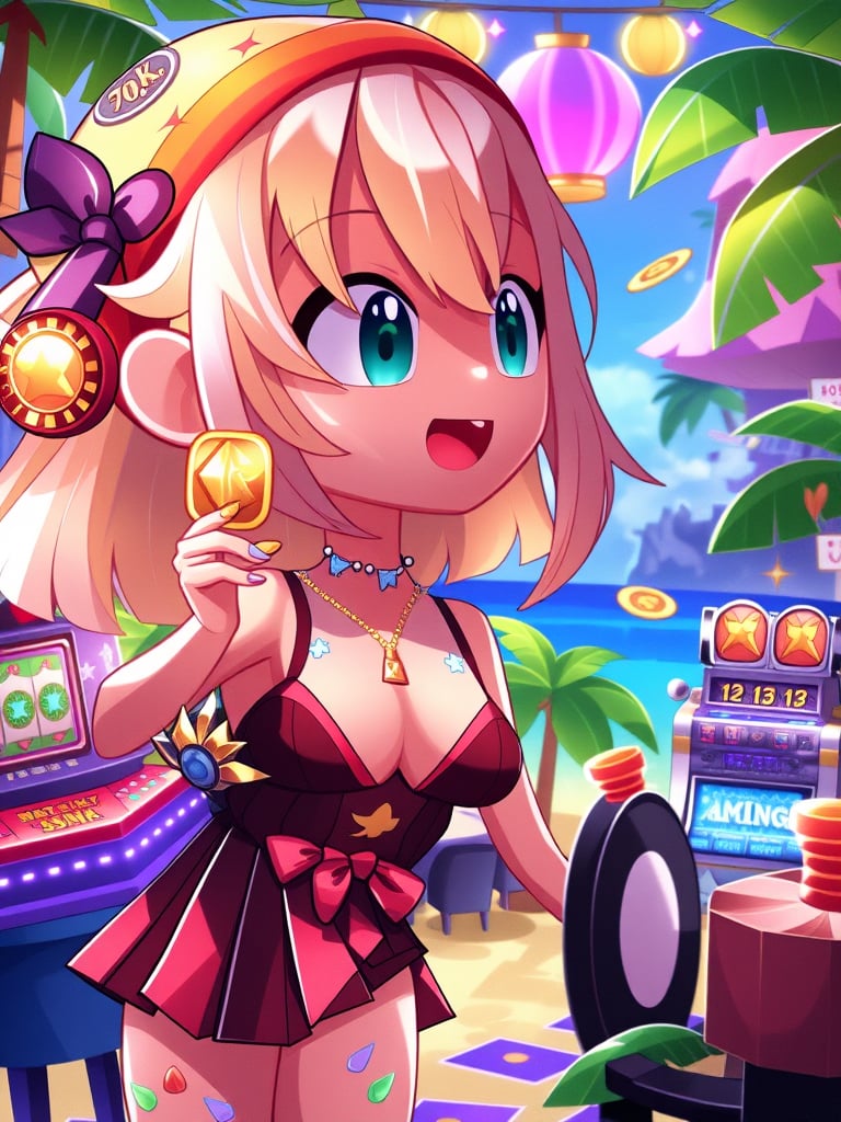 style_mix,  A whimsical fantasy world where chibi characters play in a tropical casino, surrounded by palm trees, floating cards, and glowing slot machines. The scene is full of vibrant colors and magical, playful details. , <lora:album_cover:1>