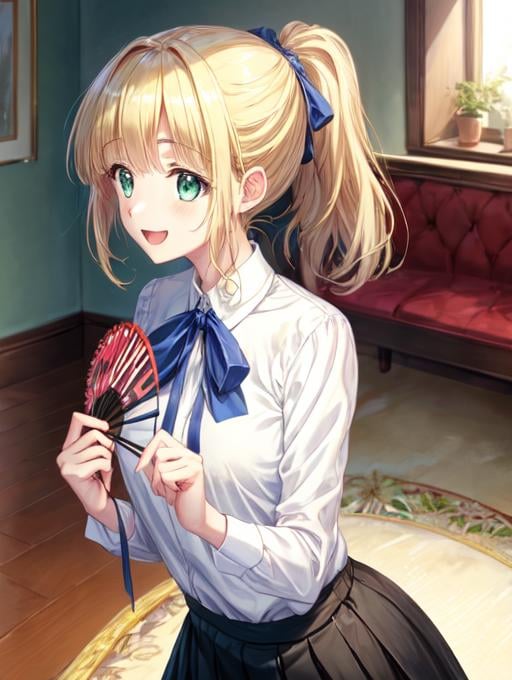 best quality, masterpiece, highres, detailed, perfect anatomy,  <lora:Detail - add_detail:0.2>, <lora:TeresaW:0.8>, TeresaW, ponytail, happy, blonde hair, white blouse, black skirt, blue ribbon, green eyes, indoors exhibit, excited, holding fan,