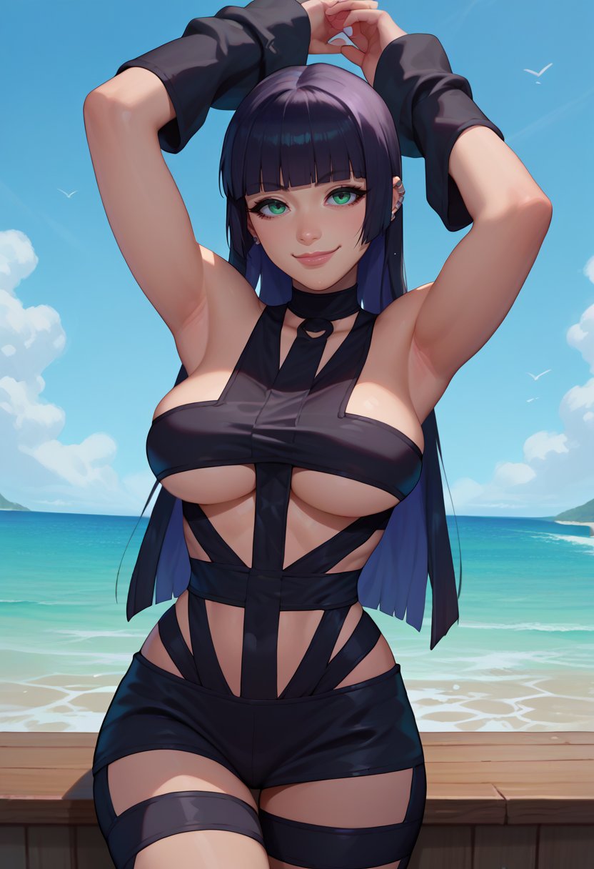 score_9, score_8_up, score_7_up, solo, 1girl, pasan, seductive smile, looking at viewer, arms up, large breasts, ear piercing, chin piercing, hime cut, hotlimit, revealing clothes, underboob, outdoors, ocean <lora:Hoseki_BTR_Pasan_PDXL_v1:1> <lora:attire_hotlimit_ponyXL:1>