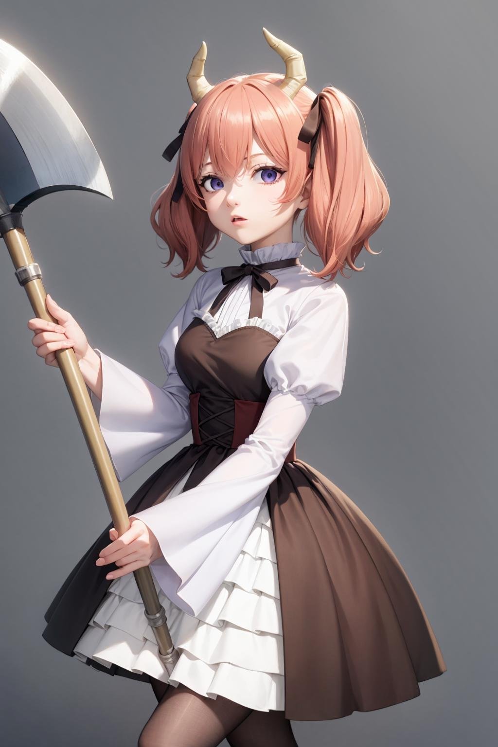 masterpiece, best quality,  <lora:ri-nie:1>,1girl,  horns, pink hair,twintails,hair,ribbon,bow,purple eyes,juliet sleeves, long sleeves,  brown dress,corset,pantyhose, holding, holding axe,battle axe, grey background, cowboy shot, closed mouth, 