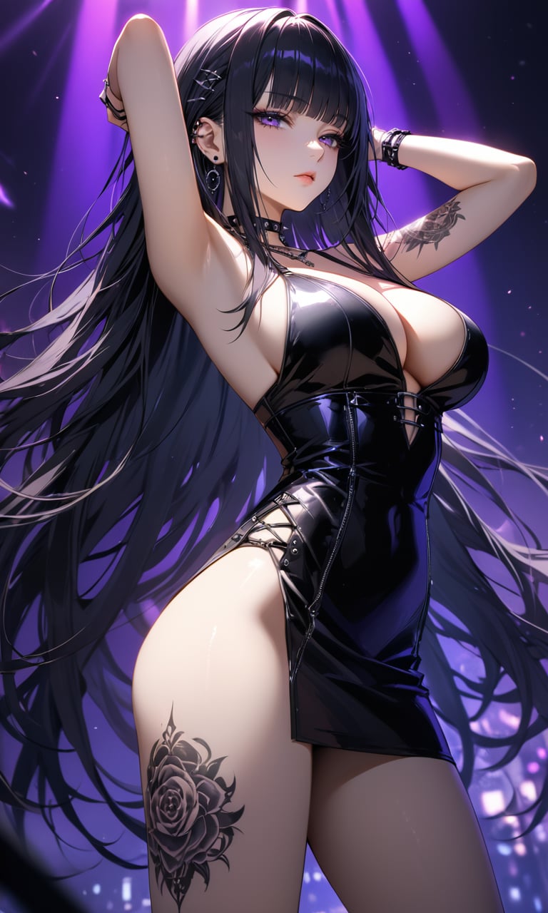 (Depth of field, hdr, 8k wallpaper, cinematic angle, cinematic lighting,:1.1) (masterpiece, best quality:1.45), 1girl, looking at viewer, seductive, from side, goth, punk, black clothing, chocker, purple background, tattoos, eyelashes, half-closed eyes, skimpy dress, black nail polish, black hair, blunt bangs, mullet, very long hair, large breasts, arms up, cleavage