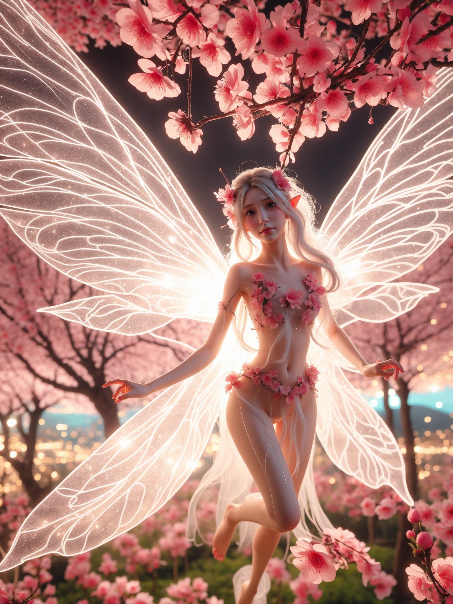 peach_blossom, 1girl, solo, wings, flower, pointy ears, fairy, long hair, barefoot, tree, white hair, glowing, fairy wings,looking at viewer <lora:kim_彼岸花精灵_v1:0.85>