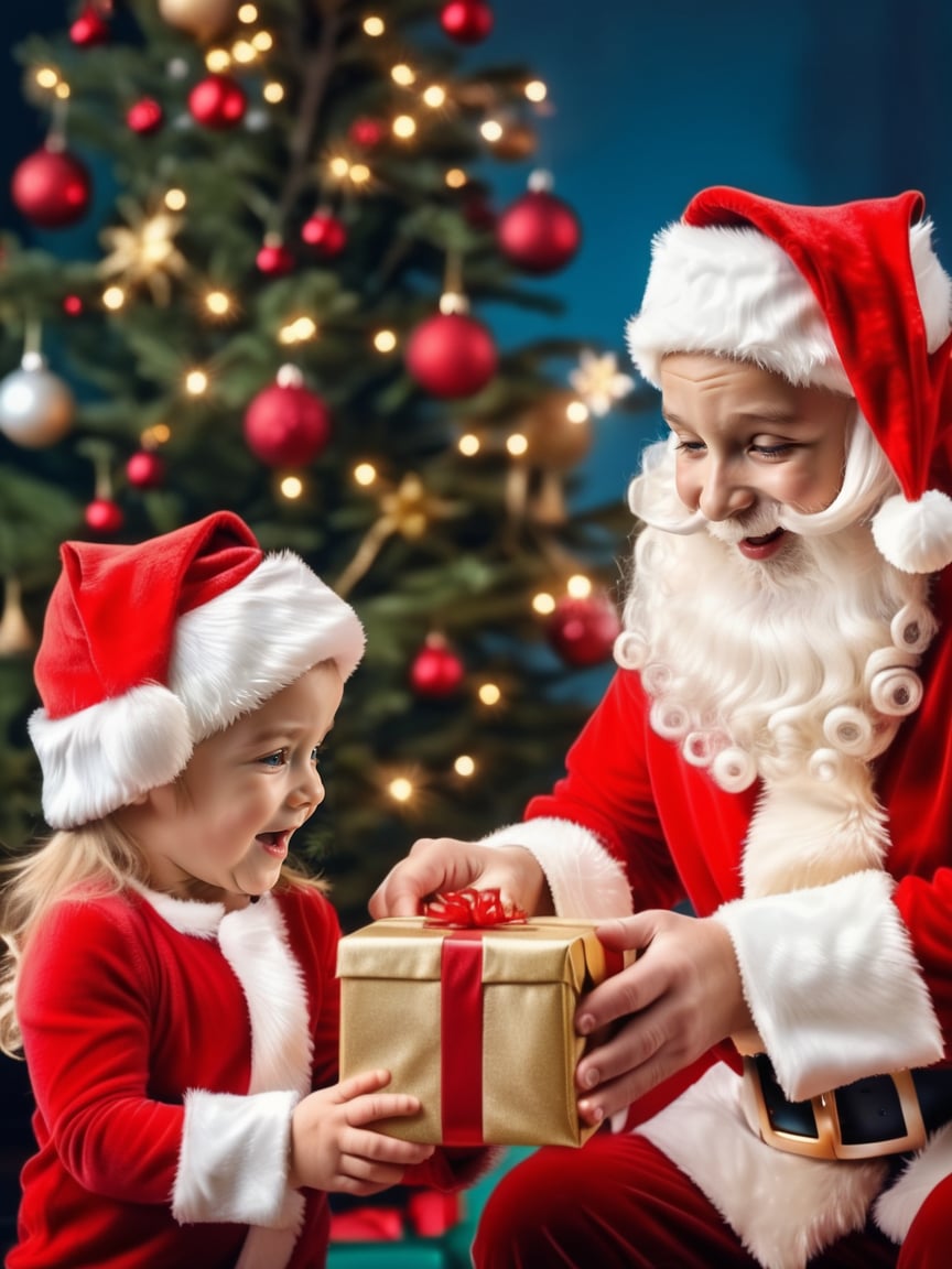 A child opens a present from Santa Claus, their face filled with joy., realistic, best quality