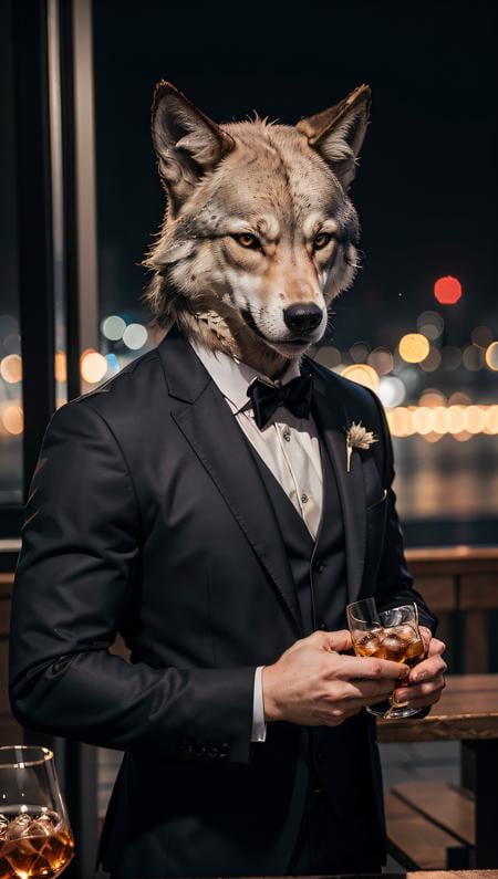 (best quality, masterpiece, hyper realism), ultra realistic upper body photo, 1 anthropomorphic wolf, in really elegant suit (ultra high textures) drinking a glass of whiskey, award winning photography, werewolf in a city, ultra high details, dim light, dawn, bokeh background,