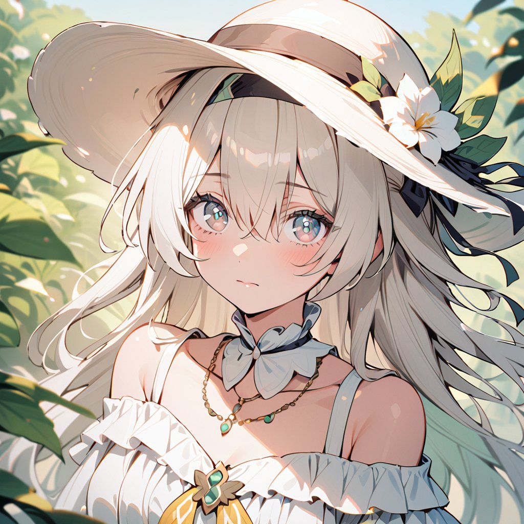 1girl, solo, hat, dress, flower, long hair, jewelry, white hair, green eyes, necklace, looking at viewer, white flower, bare shoulders, outdoors, white dress, white headwear, leaf, off-shoulder dress, hair over one eye, off shoulder, blush, bangs, sun hat, collarbone, hat flower, closed mouth, plaid, frills, frilled dressfirefly,