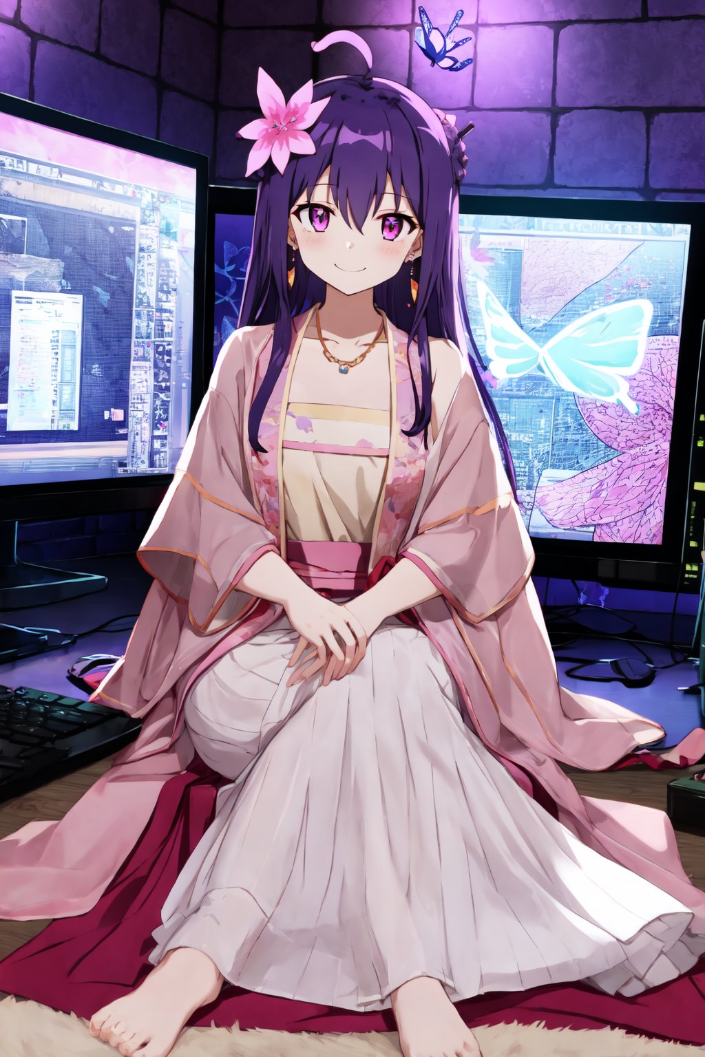 BREAK detailed background, masterpiece, best quality, anime screencap, anime coloring, parody, BREAK hanfu, chinese clothes, smile, looking at viewer, bangs, hair between eyes, Purple hair, Pink eyes, very long hair, long hair, hair flower, huge ahoge, jewelry, necklace, earrings, BREAK surrounded by tvs, water, electricity lines, electric, indoors, dark, dimly lit, computers, (butterfly sitting:1.3)