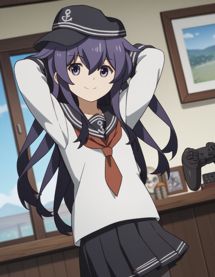 score_9, score_8_up, score_7_up, source_anime, <lora:kancolle-akatsuki-s1-ponyxl-lora-nochekaiser:1>, akatsuki, long hair, hair between eyes, purple eyes, purple hair, akatsuki (kancolle), skirt, shirt, long sleeves, hat, school uniform, pantyhose, pleated skirt, serafuku, black skirt, sailor collar, neckerchief, black pantyhose, red neckerchief, anchor symbol, flat cap,, living room, video game, controller, competitive, fun, afternoon, , looking at viewer, hands behind head, smile,, solo,, cowboy shot, dutch angle