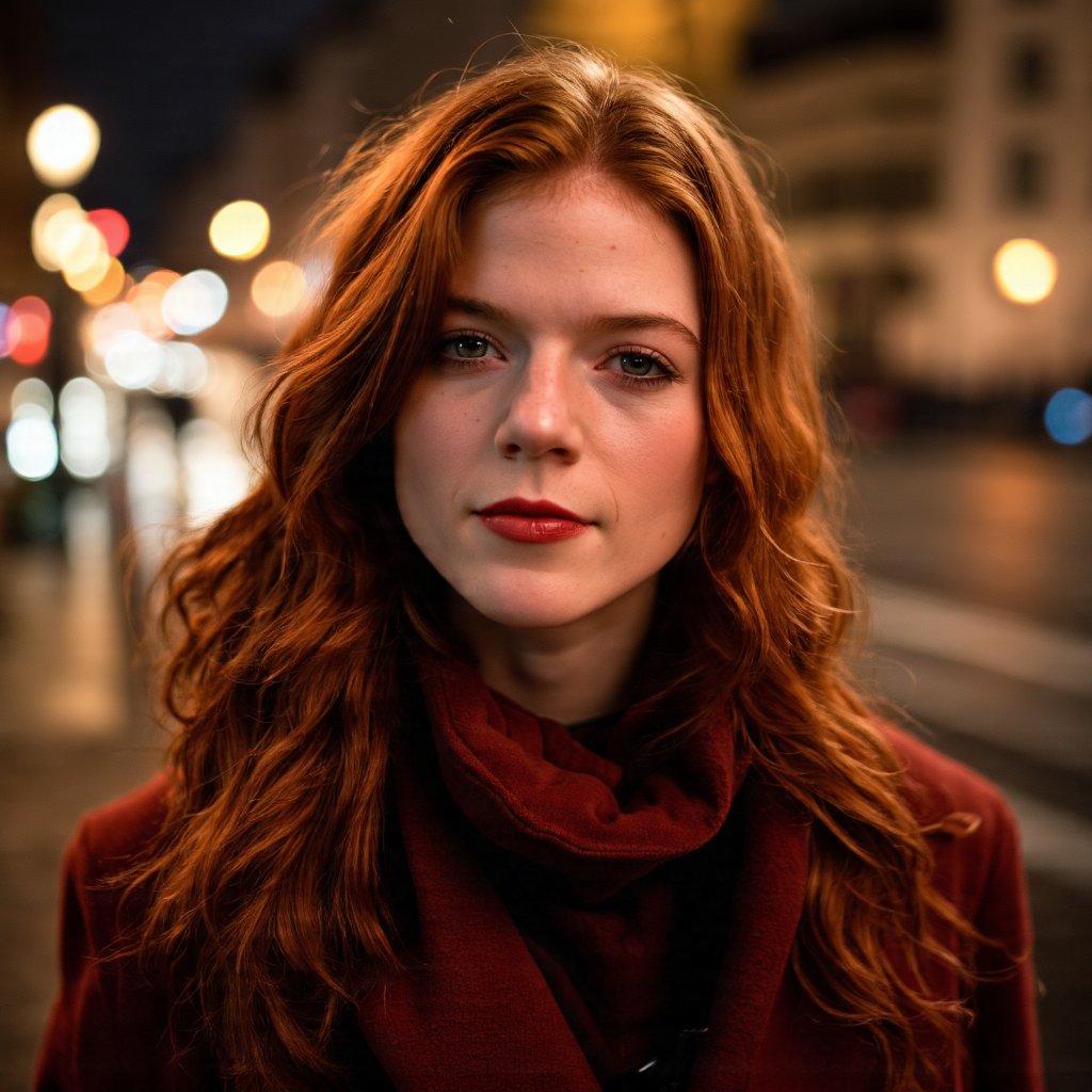 A portrait of rose_leslie captured in a candid moment. She has long, wavy red hair and striking red lipstick. She wears a dark red coat with a high collar. The blurred background shows a city street at night, illuminated by warm, golden lights.