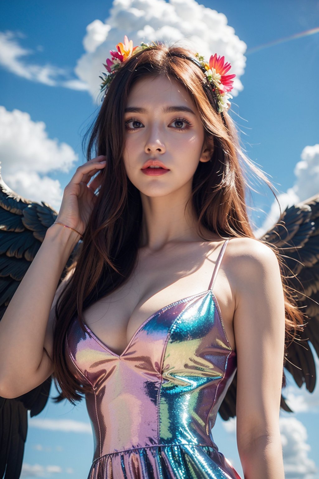 Masterpiece, reality, movie posters, super details, natural light, fantasy,1girl,long wihte hair,corolla,headwear flower,large breasts,cleavage feather dress,rich colors,gorgeous colors,colorful,upper body,fhll body,Angel,(wings:1.2)Raise hands and open wings,TOCH, multicolored eyes, multicolored hair, multicolored clothes, glowing eyes, transparent iridescent color, holographic,Rainbow, cumulus clouds, colors flowers,Castle in the Sky,flying ship