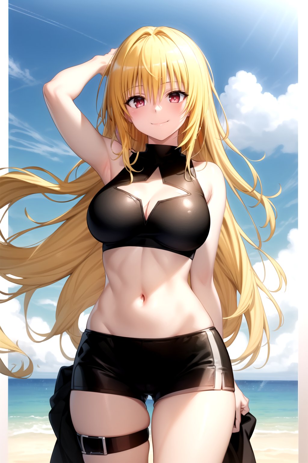 masterpiece, best quality, best aesthetic, (anime:1.2), yamibikini2, ultra detailed, 1girl, solo, (long hair, blonde hair:1.2), konjiki no yami, (large breasts:1.2), (black bikini:1.2), (sport bra, sport bra:1.2), (arm strap:1.2), cleavage cutout, (groin, navel:1.0), (lowleg:1.2), (black shorts, short shorts, boyshorts:1.3), standing, gluteal fold, ass_visible_through_thighs, thigh gap, looking at the viewer, (smile, closed mouth:1.2), seducing, seductive, cowboy shot, outdoors, beach, (front view:1.2), arms_at_sides, arms_in_back<lora:EMS-179-EMS:0.200000>, <lora:EMS-260653-EMS:0.900000>