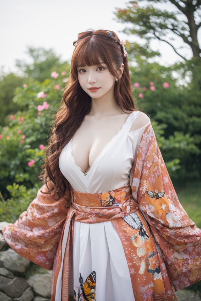 best quality,masterpiece,ultra high res,(big breast:1.1),pure color  background,1girl,<lora:hikalora:1>,dress,flower printed,heteromonic,dynamic angle,lolita dress,see through,multi layered dress,bangs,chess,ahoge,multi_colored hair,kimono,butterfly,long sleeves,masterpiece,best quality,blurry background,depth of field,iceflake,oni-color,