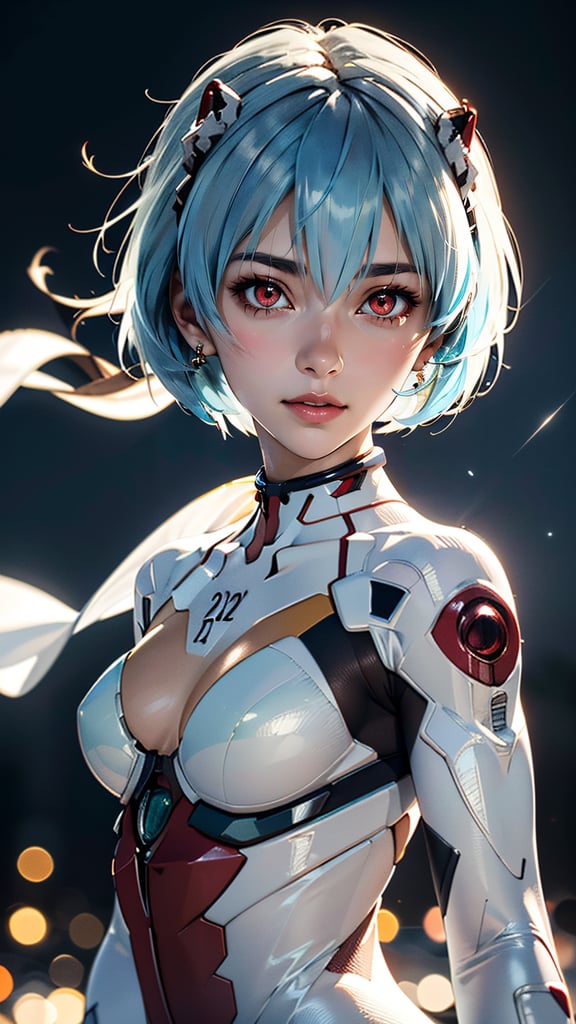 (best quality, masterpiece, colorful, highest detailed) upper body photo, fashion photography of cute (Rei Ayanami), intense-red-eyes, in high detailed textured Evangelion white plugsuit, (light smile:0.3), moonlight passing through light blue hair, (night beautiful background:1.3), (intricate details), (dynamic angle)