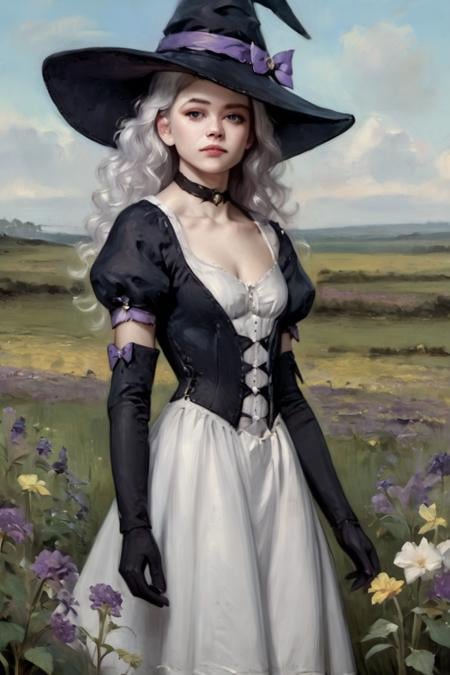 score_9, score_8_up, score_7_up, oil painting, traditional media, realistic, 1girl, witch hat, hat, solo, long hair, flower, dress, choker, puffy sleeves, looking at viewer, grass, white dress, bow, hat bow, white hair, black choker, plant, outdoors, blue eyes, purple eyes, black headwear, bangs, long sleeves, gloves, witch, blue bow, wavy hair, short sleeves, puffy short sleeves, elbow gloves, black gloves, standing, field, grey hair, sky, purple bow, breasts, curly hair, parted lips, expressionless, cowboy shot, closed mouth, leaf <lora:Cold Oil Style SDXL_LoRA_Pony Diffusion V6 XL:1>