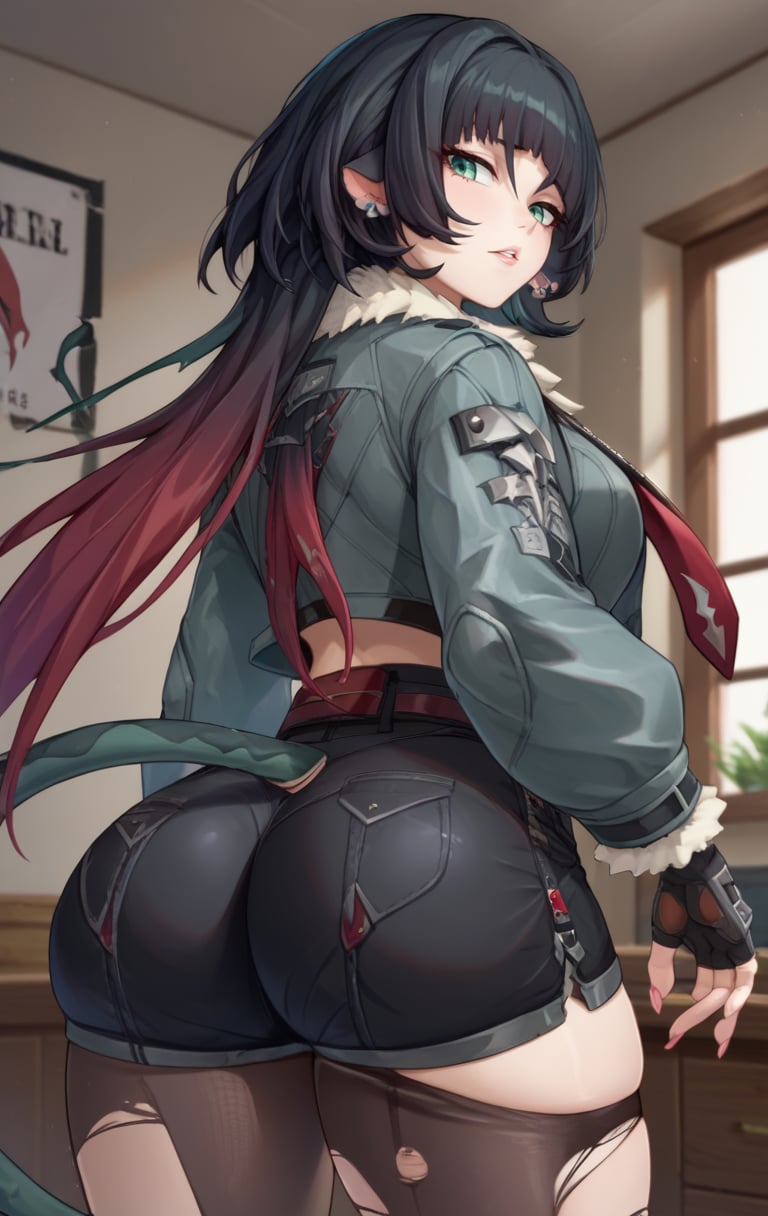 score_9,score_8_up,score_7_up BREAK <lora:janedoe:0.9>,janedoeSDXL,1girl,long hair,shirt,black hair,thighhighs,long sleeves,green eyes,jacket,tail,pantyhose,red hair,parted lips,necktie,black gloves,belt,fingerless ear piercing,gloves,open jacket,fingernails,neckerchief,torn clothes,fur trim,black shorts,red necktie,zipper,grey jacket,fur-trimmed jacket,zipper pull tab,torn pantyhose,torn thighhighs,high-waist shorts,torn,cowboy shot,room,room background,from behind,looking back,ass focus,