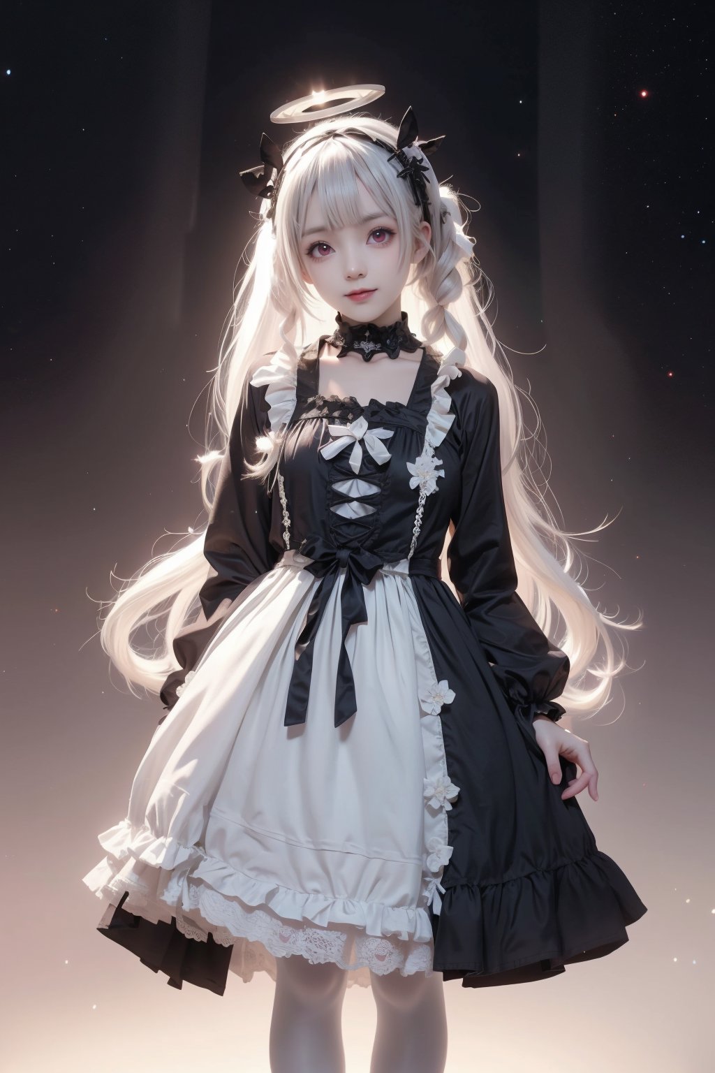 1girl,teen,white hair,(gothic_lolita:1.5),lolita_hairband,stiletto_heels,(white_pantyhose:1.2),bangs,standing,white flower,no_pupils,(halo:1.2),pink eyes,ribbon,smile,incredibly absurdres,colorful,available light,starry_background,arms_behind_back,looking_at_viewer,