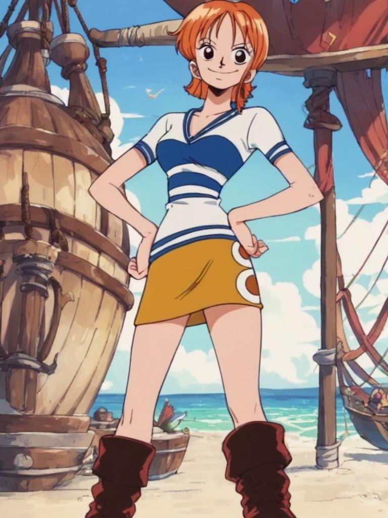 <lora:NamiPony1.0:1> nami, 1girl, short hair, orange hair, solo, striped shirt, yellow skirt, looking at viewer, smile, brown eyes,boots,  upper body,hand on own hip,smile, score_9,beach,pirate ship  score_8_up, score_7_up, score_6_up