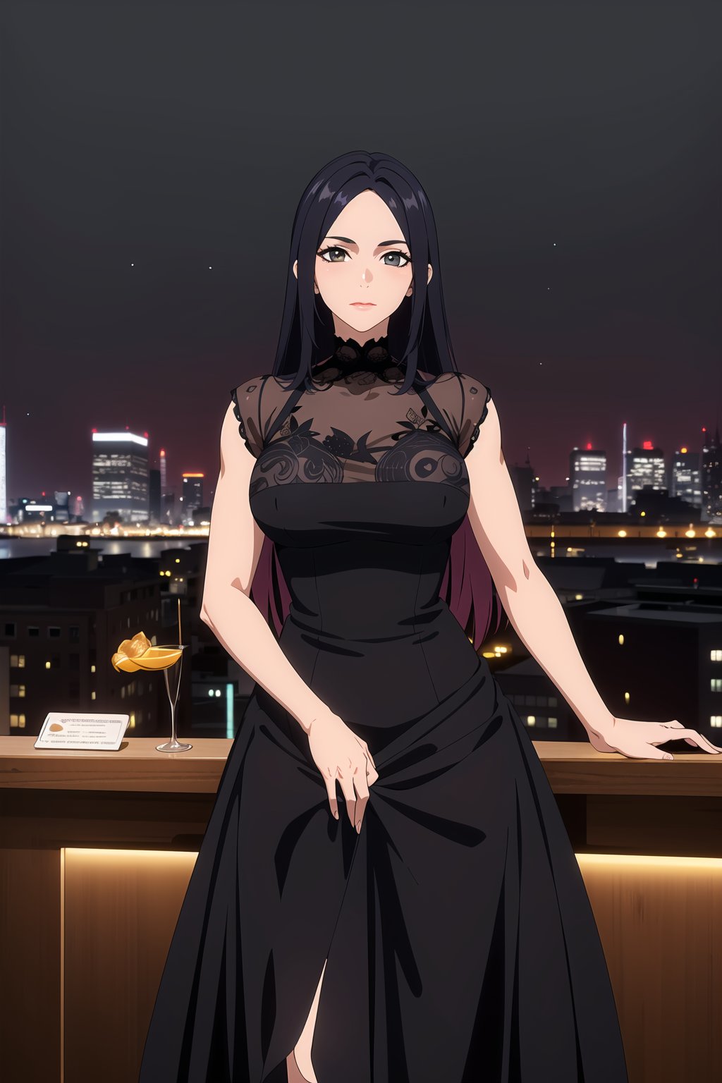 best quality, masterpiece, ultra high res,1girl, big breast, looking at viewer,pure color background, a beautiful woman wearing a black dress by Prada,the woman has long flowing hair and is posing with elegance,the dress is a classic style with a fitted bodice and a full skirt,the fabric is smooth and luxurious,the woman is standing in a sleek modern room with a backdrop of a cityscape at dusk,the atmosphere is sophisticated and serene,the lighting is soft and warm,the composition features a tastefully blurred cityscape in the background and the woman in sharp focus in the foreground,the camera angle is slightly above the woman,giving a sense of grandeur and importance,the woman’s expression is serene and confident,the overall image conveys a sense of glamour and refinement., mianlang style