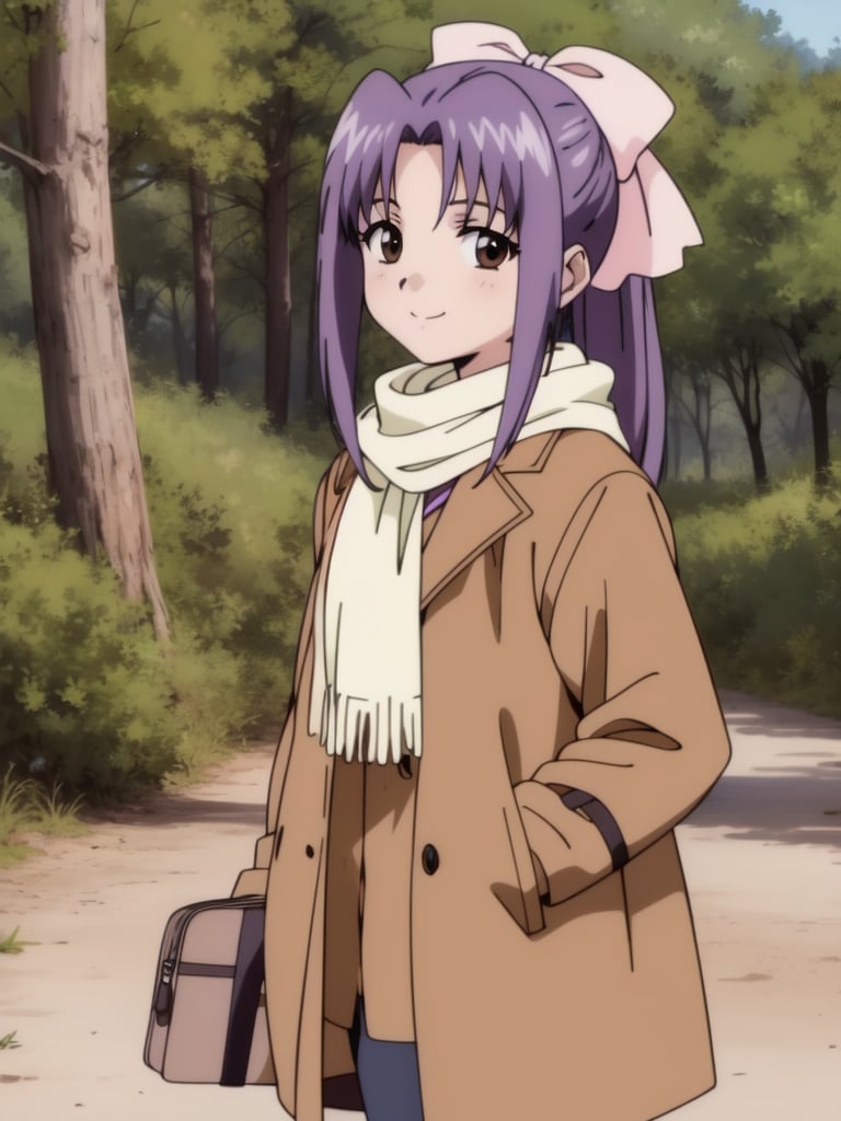 <lora:Koigakubo_Momoko:0.8>, koigakubomomoko, 1girl, soro, hair_bow, pink_bow,  long_hair, brown_eyes, purple_hair,  bangs,  ponytail, smile, cowboy Shot,fur hat, scarf, coat, shoes, happy, standing, looking at viewer, cowboy Shot, forest, 2000s \(style\), anime, anime_screencap, animated gif, mp4 ,video, animated, 