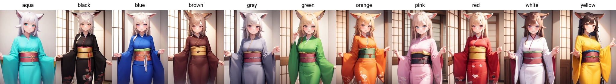 <lora:colorkimono:1> 1girl, solo, standing, obi, sash, medium breasts, fox ears, very long hair, wide sleeves, long sleeves, BREAK (aqua kimono:1.2), closed mouth, 