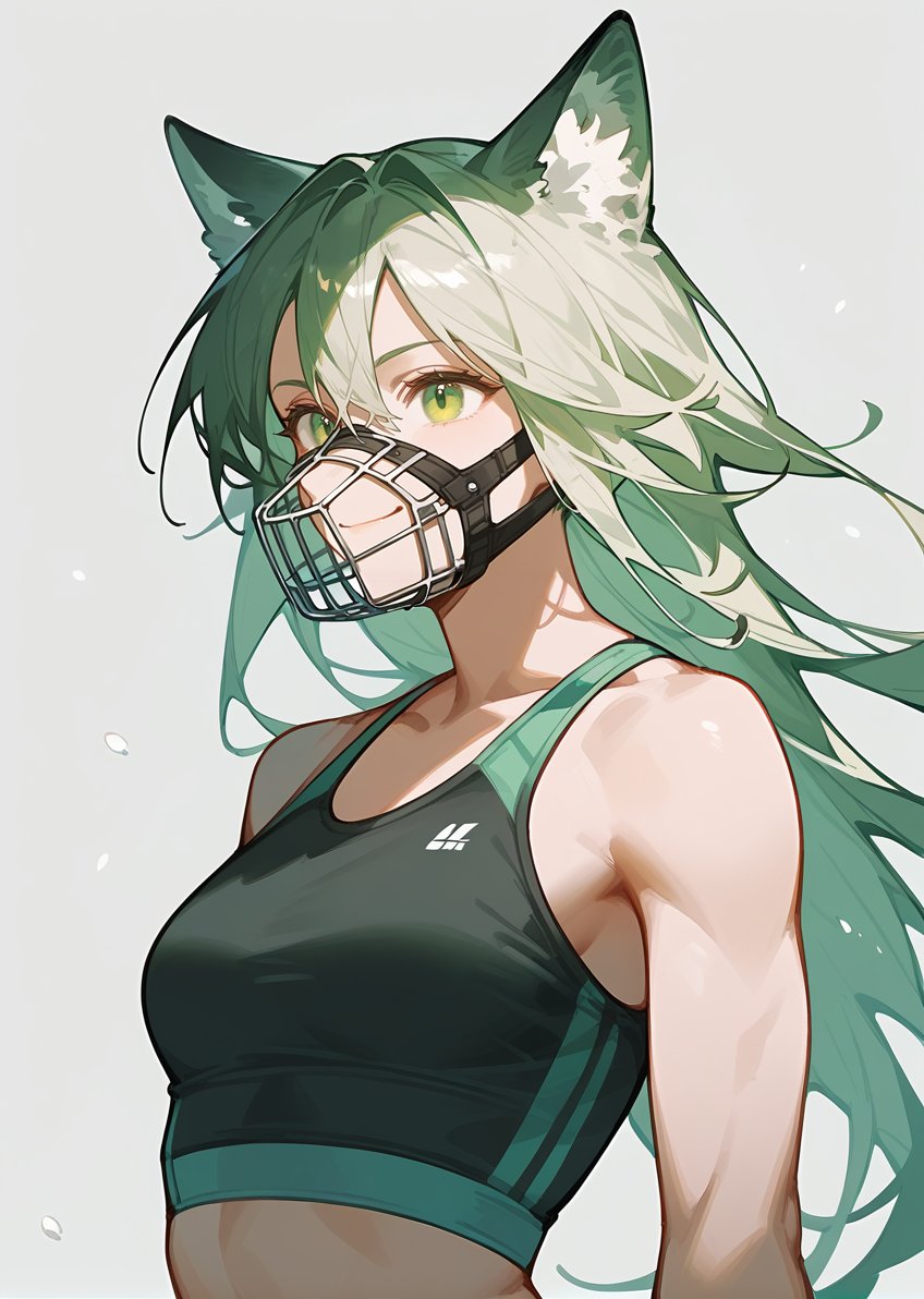 (score_9, score_8_up, score_7_up), 1girl, solo, olivedrab hair, long hair, forestgreen eyes, muzzle_mask, small breasts, sports bra, black pants, wolf ears, closed mouth, smile, dynamic pose, upper body, simple background, <lora:muzzle:0.8>