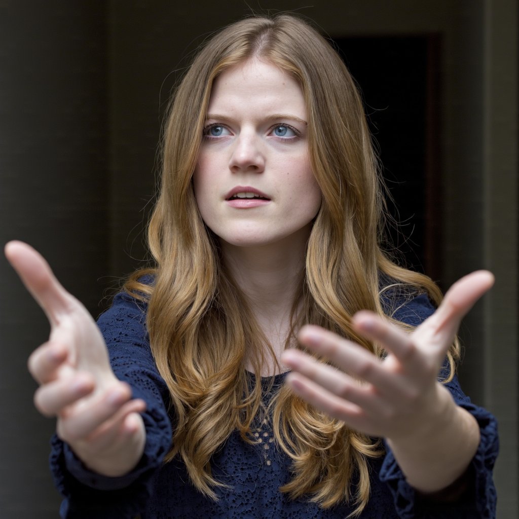 A close-up portrait of rose_leslie with long, wavy blonde hair and striking blue eyes. She is captured in a candid moment, her gaze directed slightly to the side. Her hands are outstretched, with fingers slightly curled, as if reaching for something. The woman wears a dark blue top with a lace pattern. The background is blurred, highlighting the subject. The color palette is dominated by cool tones; the woman's blue top contrasts with the warm tones of her hair and skin.