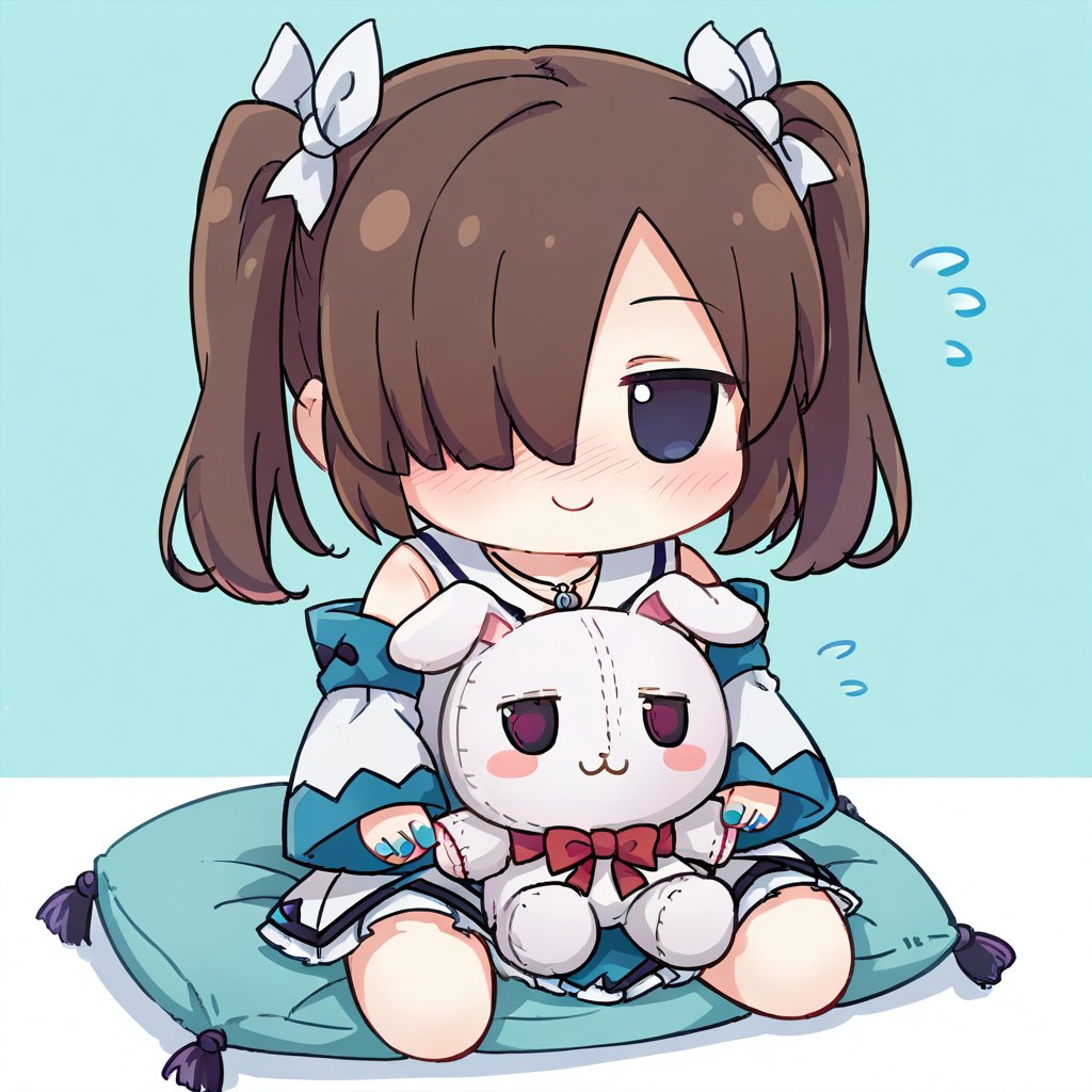 1girl,    fumo doll, chibi, solo, full-face blush, two-tone background, flying sweatdrops, simple background, stuffed rabbit, smile, looking at viewer, no eyebrows, blue nails, jewelry, twintails, detached sleeves, hair over one eye, sitting, sidelocks, wariza, puppet, white background, pendant, black eyes, aqua background, sanpaku, stuffed toy, nail polish, stuffed animal, blush, :<, brown hair, cushion, score_9, score_8_up, score_7_up, source_anime <lora:XL_fumo_(doll)(pony):1>