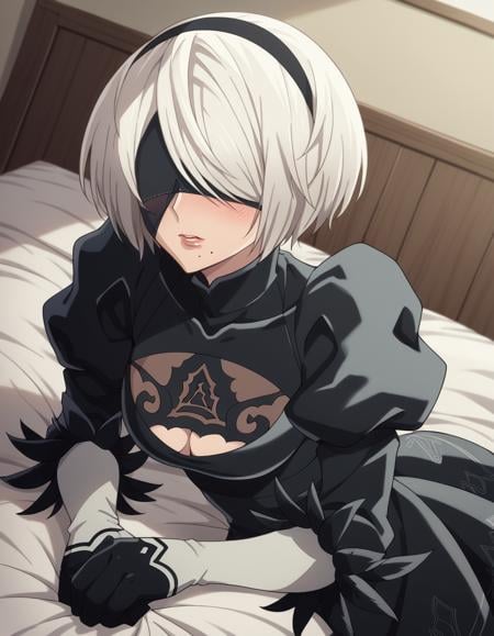 score_9, score_8_up, score_7_up, source_anime,2b, <lora:2b-s1-ponyxl-lora-nochekaiser:1>,2b, yorha no. 2 type b, short hair, white hair, hairband, mole, black hairband, mole under mouth, blindfold, covered eyes, black blindfold,gloves, long sleeves, dress, puffy sleeves, black dress, clothing cutout, cleavage cutout, juliet sleeves, feather-trimmed sleeves,indoors, bed, bed room, on side, blush, drunk,solo, dutch angle, looking at viewer, cowboy shot,