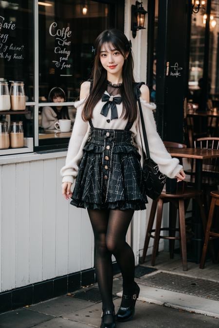 best quality, realistic, photorealistic, masterpiece, 1girl, solo, black hair, long hair, straight hair, looking at viewer, smile, standing, full body, dating attire, sweater, white sweater, bow sweater, shoulder cutout, skirt, buttons skirt, suspender skirt, pantyhose, shoes, in cafe, coffee, people, detailed background, <lora:dating_attire_style8_v1:0.7>, <lora:Background Detail Enhanced_Si_v3.0:1.2>