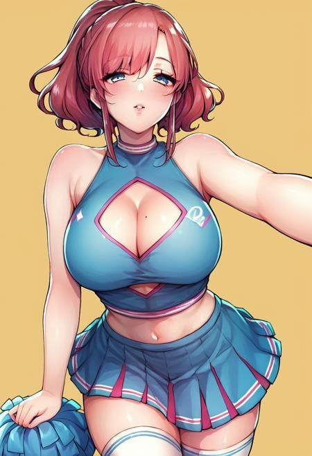 score_9, score_8_up, score_7_up, 1girl, red hair, bare shoulders, cheerleader, blue crop top, blue miniskirt, white thighhighs, midriff, cleavage, back cutout, front cutout, <lora:Binto_Style_PDXL:0.9> bintoxl, large breasts,