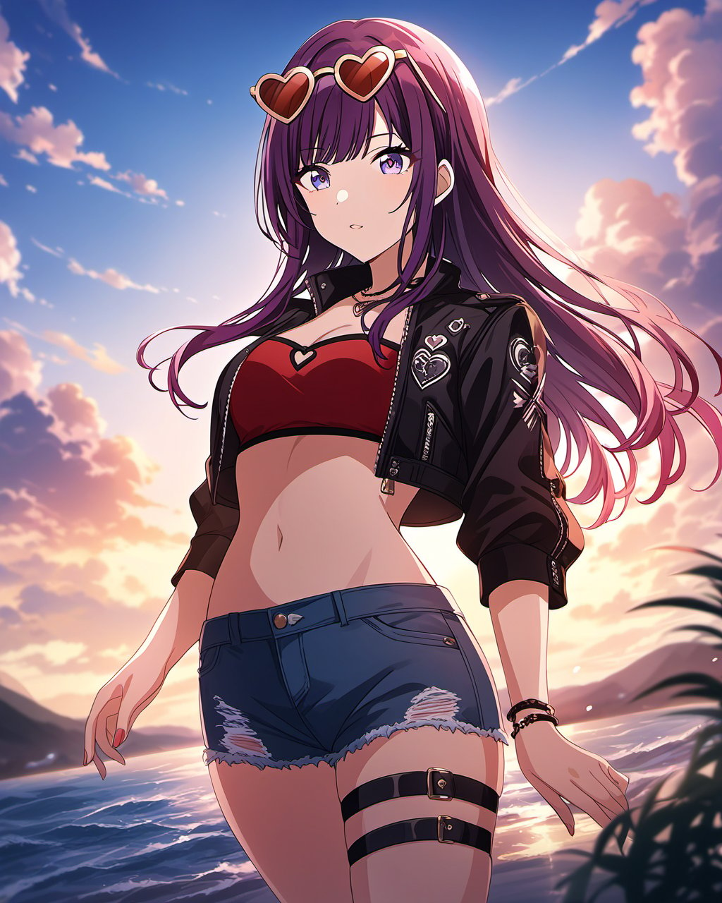 very aesthetic,aesthetic,(amazing quality),best quality,hight,hight quality,masterpiece,highres BREAK beautiful eyes,luminous eyes,gentle eyes,Volumetric Lighting,Cinematic Lighting,oil_painting,((classicism)),depth of field,1girl,long hair,sandals,purple hair,jacket,eyewear on head,cropped jacket,swimsuit,red bandeau,denim shorts,sunglasses,thigh strap,heart-shaped eyewear,heart,open clothes,red hair bow,sea,sky,water,clouds,wind,<lora:snclstyle-A3:0.7>,snclstyle,blurry,depth_of_field,blurry_foreground,fantasy,floral_background,