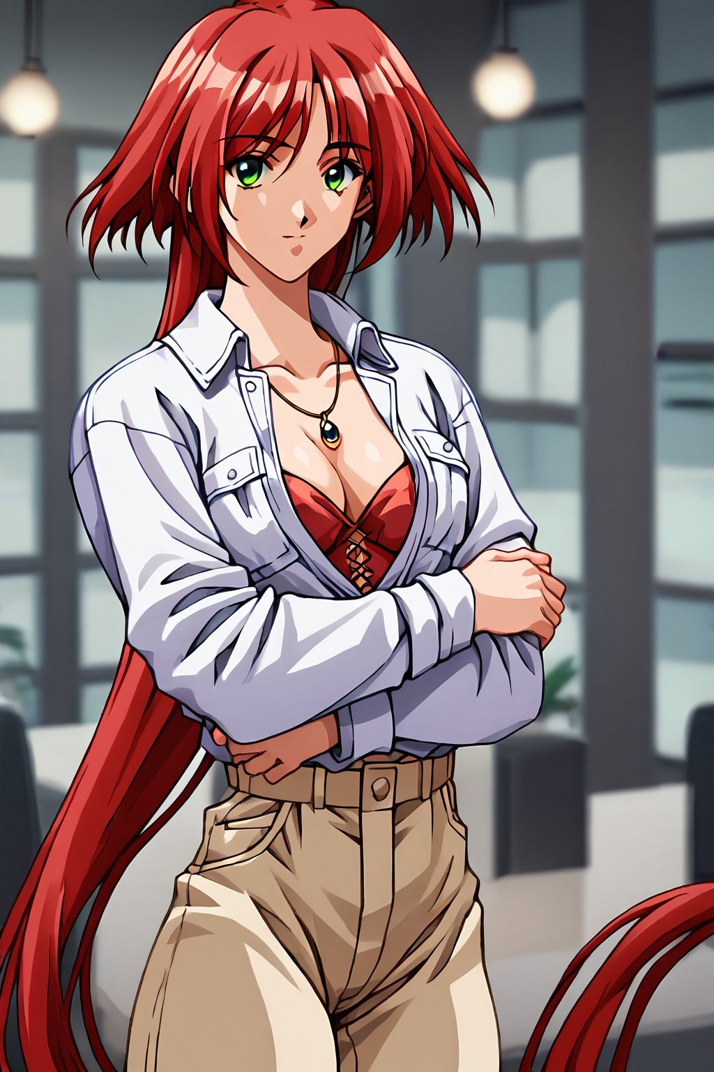 score_9, score_8_up, score_7_up, score_6_up, score_5_up, score_4_up, source_anime, ogata shizuka, red hair,1girl, solo, long hair, jewelry, green eyes, crossed arms, necklace, sleeves rolled up, very long hair, cowboy shot, looking at viewer, shirtpants, breasts, cleavage,masterpiece, perfect face, best quality, beautiful girl, blurry background, cute girl, beautiful eyes, shiny eyes, anime coloring, anime screencap, absurdres,<lora:ogata shizuka anyt 905:0.8>