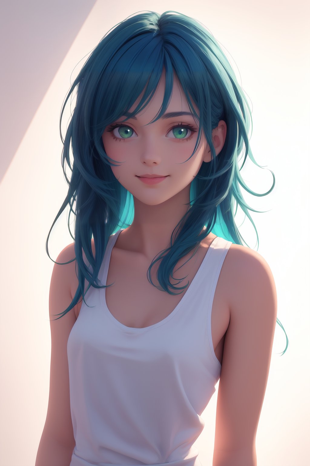 a beautiful blue haired girl, long messy hair, beautiful detailed deep green eyes,  shy smile, small breasts, white tank top, upper body view, ultra realistic, colorful,(masterpiece:1.2), (best quality:1.2), ultra-detailed, best shadow, detailed background, high contrast, (best illumination, an extremely delicate and beautiful), ((cinematic light)), hyper detail, dramatic light, intricate details, 8k,  very aesthetic, 