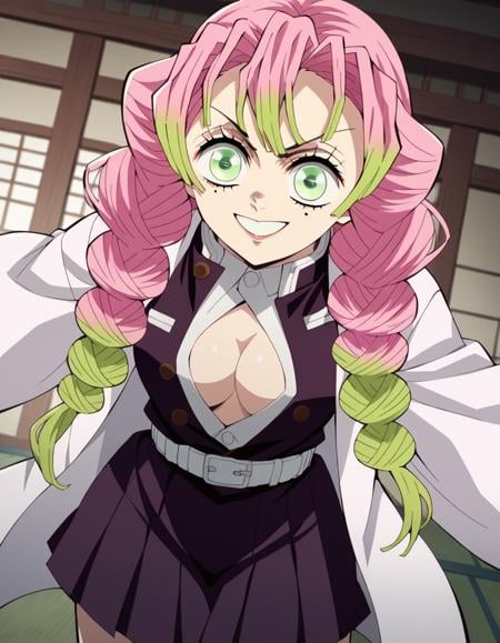 score_9, score_8_up, score_7_up, source_anime,mitsurikanroji, <lora:mitsuri-kanroji-anime-ponyxl-lora-nochekaiser:1>,mitsuri kanroji, braid, gradient hair, green eyes, green hair, long hair, mole, mole under eye, multicolored hair, pink hair, twin braids, two-tone hair,belt, black skirt, cleavage, coat, demon slayer uniform, haori, japanese clothes, long sleeves, miniskirt, partially unbuttoned, pleated skirt, skirt, uniform,indoors, dojo, bent over, smile,solo, dutch angle, looking at viewer, cowboy shot,