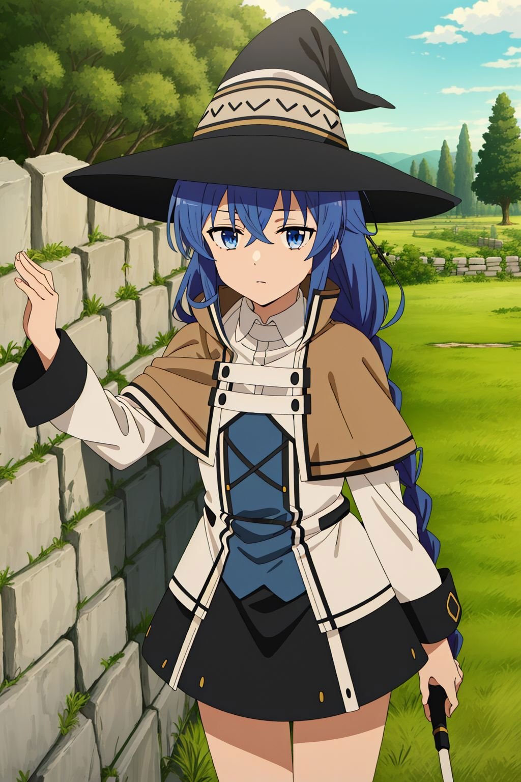 1girl, solo, petite body, roxy migurdia, blue hair, long hair, low twin braids, hair ribbon, hair between eyes, ahoge, blue eyes, small breasts, witch hat, white collared shirt, long sleeves, wide sleeves, white capelet, black skirt, black socks, brown cape, white boots, holding staff, looking at viewer, close-up, (grassland, stone wall, trees:1.45), (masterpiece:1.4), (best quality:1.4), (absurdres:1.0), (intrincate), (full sharp), (extremely detailed:1.5), (exquisite details), (high definition), (anime, anime coloring:1.35),  <lora:Roxy Migurdia (Mushoku Tensei):0.7>