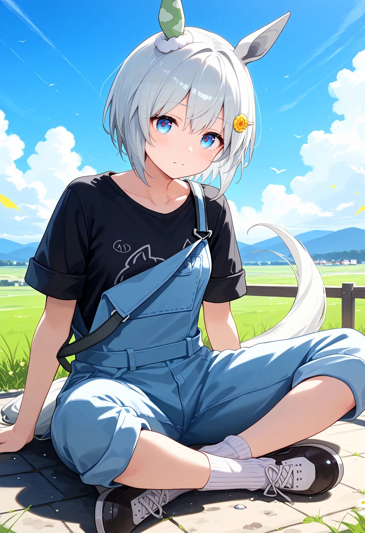 score_9, score_8_up, score_7_up, BREAK, best quality, masterpiece, very aesthetic, ultra detailed,very detailed background,BREAK,,zPDXL3,Seiun_Sky,SS_Casual, 1girl, solo,short hair, blue eyes, white hair, hair ornament, sitting,short sleeves, shoes, socks, hairclip, black shirt, , overalls, horse ears, horse tail,bangs,<lyco:Seiun_Sky-ponyXL_locon:1>